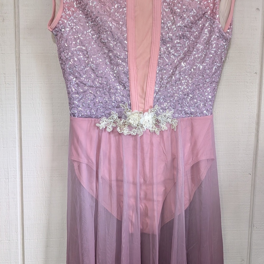 Weissman Pink Sequin Lyrical Dance Costume Ombre Mesh Open Back Large Adult - Picture 4 of 13